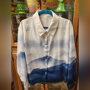 White Blouse with Blue Watercolor Mountain Design, Size Small